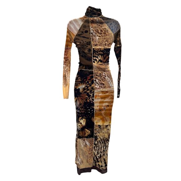 Fuzzi Patchwork Mesh Midi Dress SMALL Slinky Bodycon Designer Mockneck $700 - Picture 11 of 14